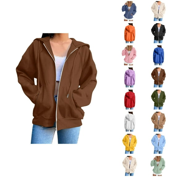 Trendy Tops for Women 2025 Women's Solid Color Sweatshirt Trendy Women's Hoodies And Sweatshirts Stylish Solid Zip Up Jacket For Everyday Wear Long Sleeve Coat