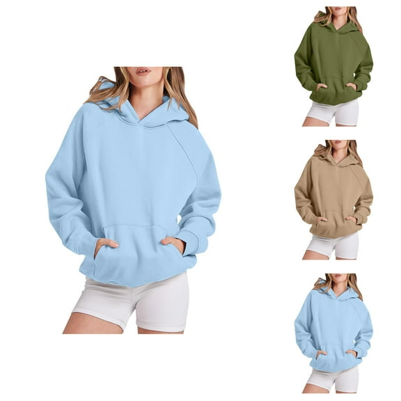 Trendy Tops for Women 2025 Women's Solid Color Sweatshirt Women Solid Basic Letter Loose Hoodie Sweatshirt Long Sleeve Pocket Drop Shoulder Pullovers Top