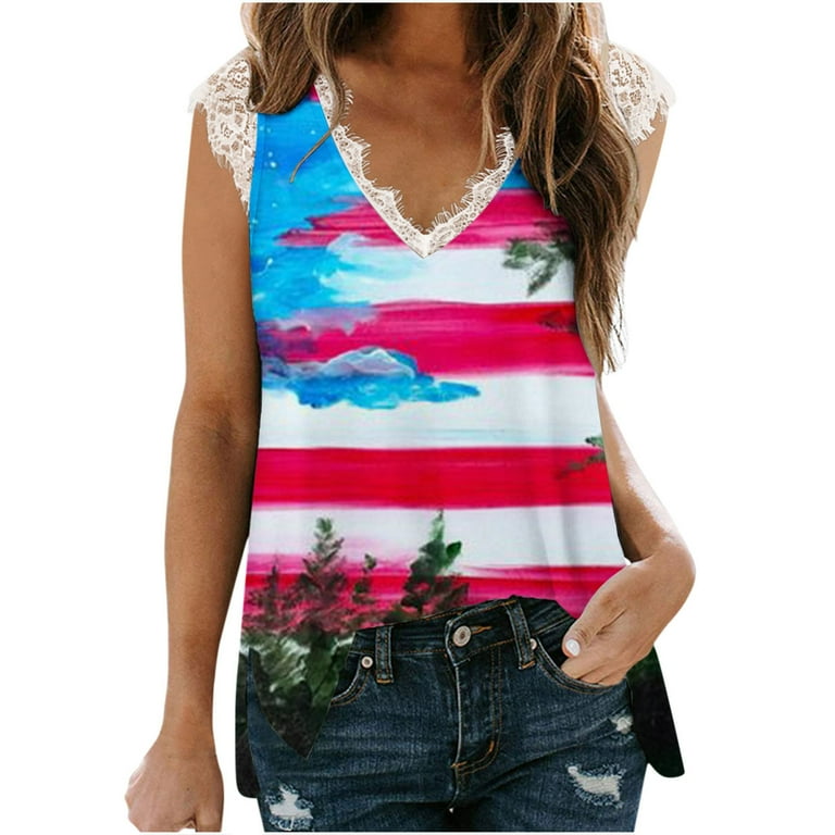 Trendy Tops for Women, Women 4th of July T Shirt Lace Trim V Neck