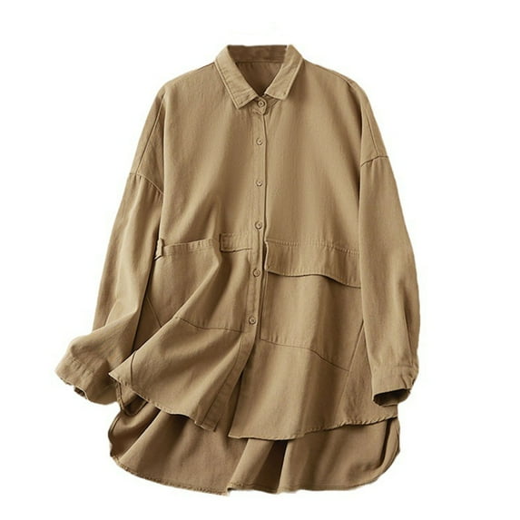 Trendy Tops for Women 2024 Plus Size Spring Tops for Women 2024 Casual Solid Loose Mid Length Long Sleeve Turndown Collar Blouse