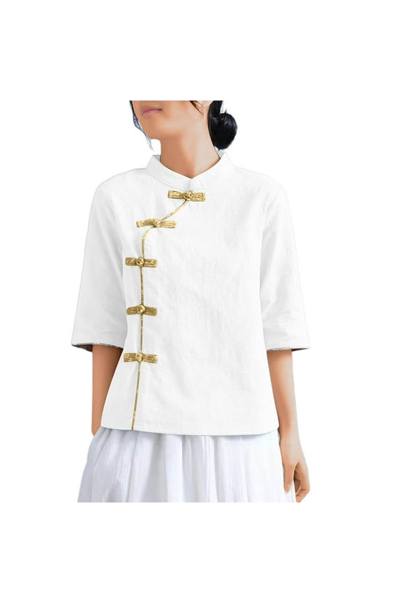 Trendy Tops for Women 2025 Chinese Style Comfy Linen Blend Shirt Half Sleeve Button Up Casual Blouses (XL, White)