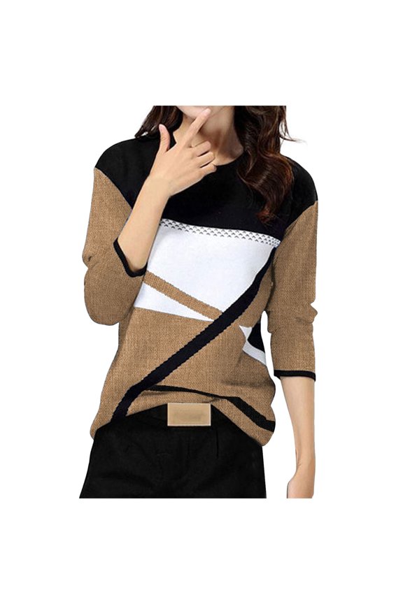 Trendy Tops for Women 2025 Fall Winter Loose Fit Crewneck Long Sleeve Cap One Shoulder Colorblock Patchwork Leisure Cotton Tees(Khaki,XL)