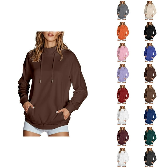 Trendy Tops for Women 2025 Women's Solid Color Sweatshirt 2025 Women's Solid Color High Collar Hoodie With Side Pockets Non Velvet