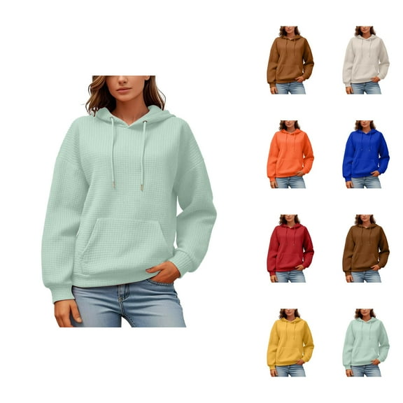 Trendy Tops for Women 2025 Women's Solid Sweatshirt Ladies' Fashionable And Casual Solid Color Round Neck Long Sleeved Pocket Sweatshirt And Hoodie