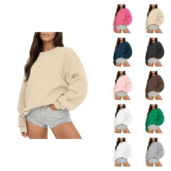 Trendy Tops for Women 2025 Women's Solid Sweatshirt Women Long Sleeve Sweatshirt Casual Crewneck Loose Fit Pollover Hoodie Fall Tops