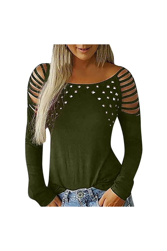 Trendy Tops for Women Casual Cut Out Hot Fix Rhinestone Scoop Neck Long Sleeve Plus Size Blouse
