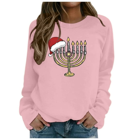 Trendy Tops for Women Casual Hanukkah Printed Crewneck Sweatshirt Long Sleeve Pullover Women Blouses,Pink,S