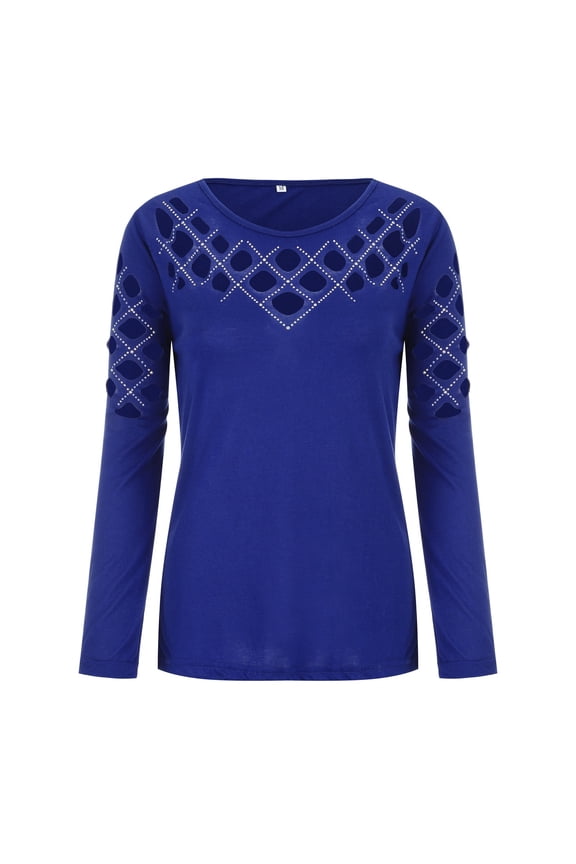 Trendy Tops for Women Casual Long Sleeve Cut Out Hot Fix Rhinestone Fitted Top Plus Size Blouse