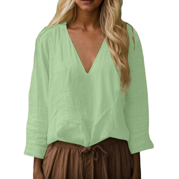 Trendy Tops for Women Casual Long Sleeve Solid Color V Neck Loose Shirt Blouses for Women