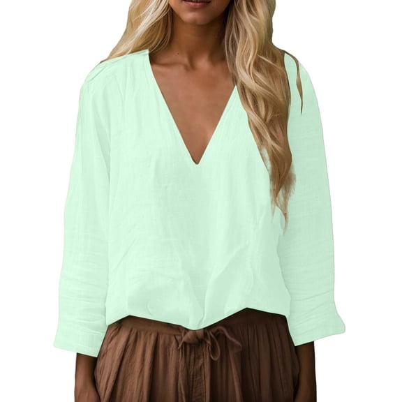 Trendy Tops for Women Casual Long Sleeve Solid Color V Neck Loose Shirt Blouses for Women