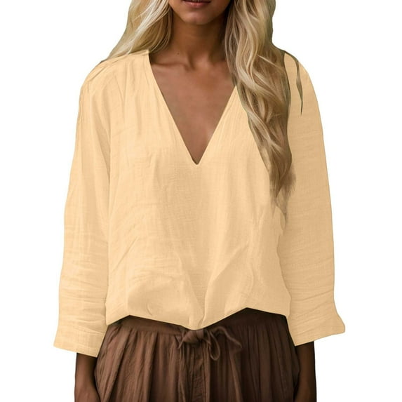 Trendy Tops for Women Casual Long Sleeve Solid Color V Neck Loose Shirt Blouses for Women