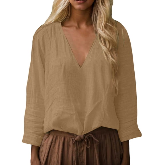 Trendy Tops for Women Casual Long Sleeve Solid Color V Neck Loose Shirt Blouses for Women