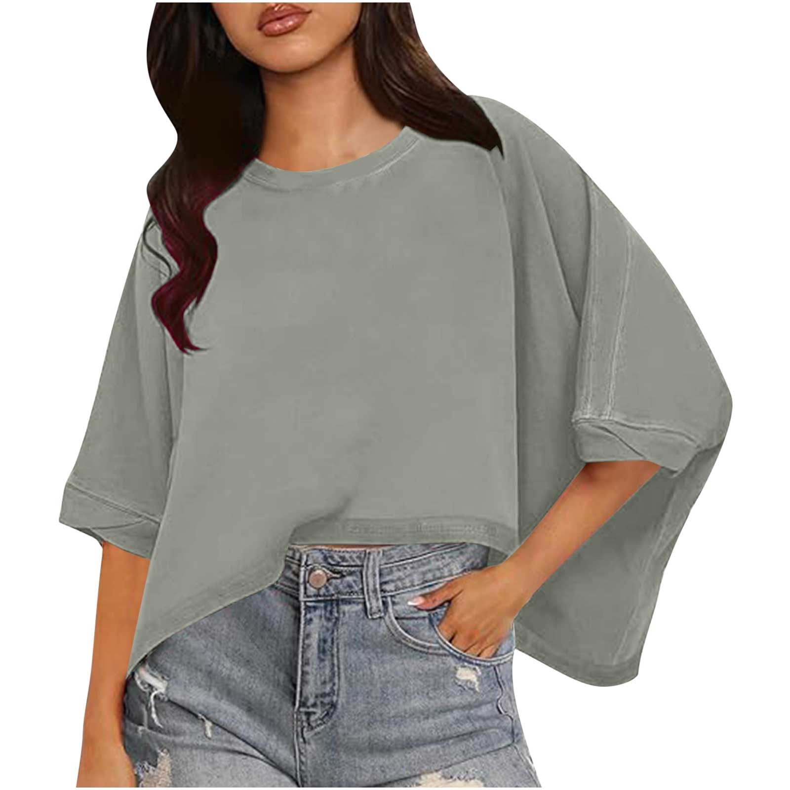 Trendy Tops for Women Cropped Summer Crewneck Blouses Half Sleeve