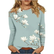 JSKUMAR Trendy Tops for Women Long Sleeve Graphic Tees Printed Fall Winter Casual Crew Neck Base T Shirt Cotton Tshirts (XL, Green)