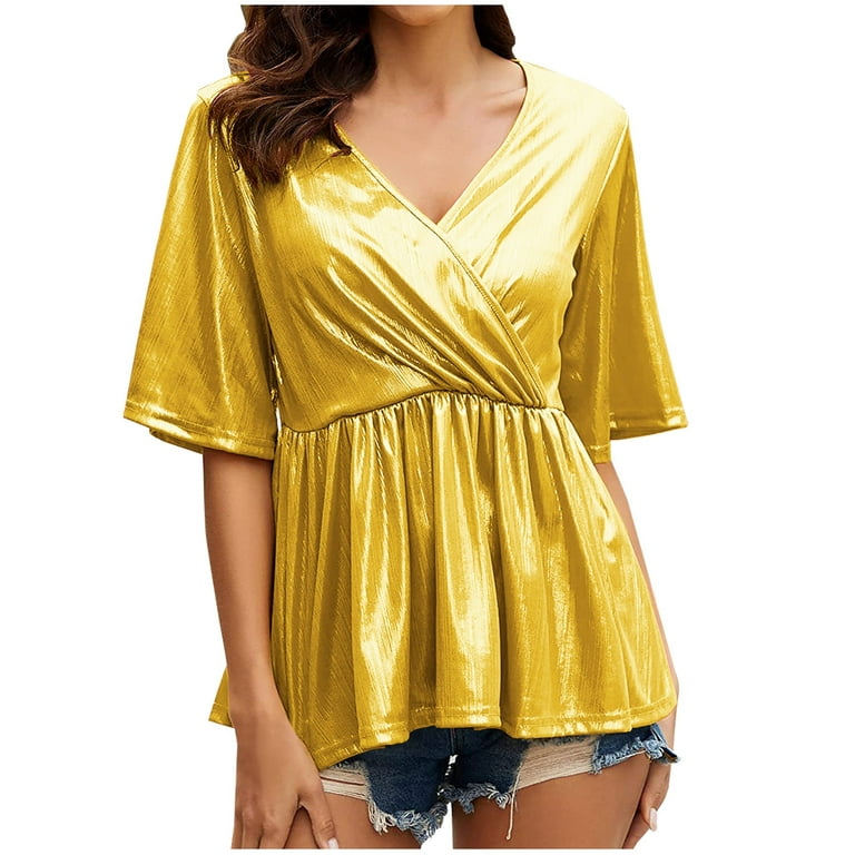 Trendy Tops for Women Metallic Casual Bright Solid Color Short Sleeve Wrap  V Neck Pleated Flowy Swing T Shirts (Large, Gold)