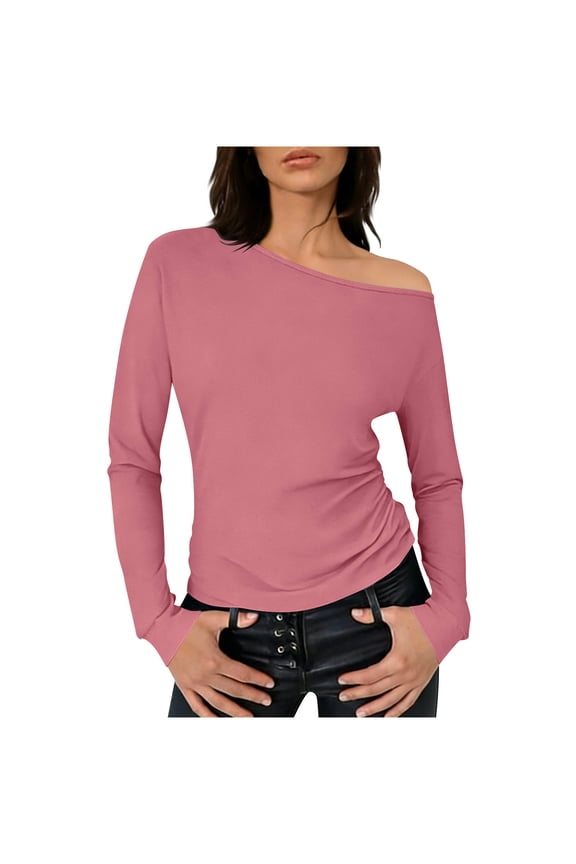 Trendy Tops for Women Side Ruched Off Shoulder Tee Shirt Solid Long Sleeve Going Out Y2k Bloused Spring Clothes (L, Pink)