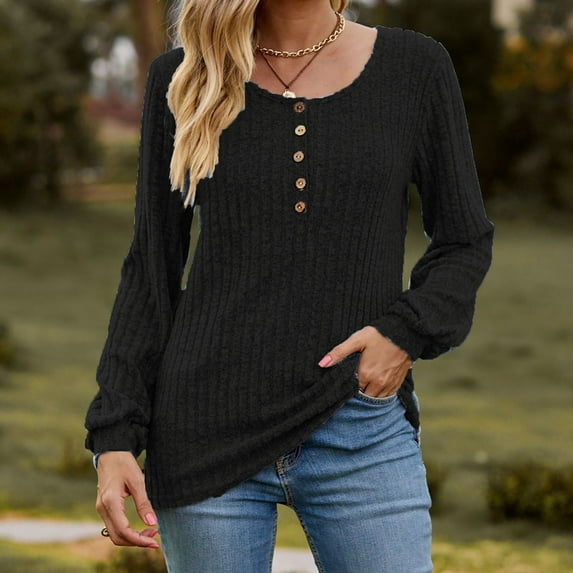 Trendy Topss for Women Solid Color Pinstripe Knit Sweater Long Sleeve Round Neck Button Jumper Work Office Outerwear (M, C Black)