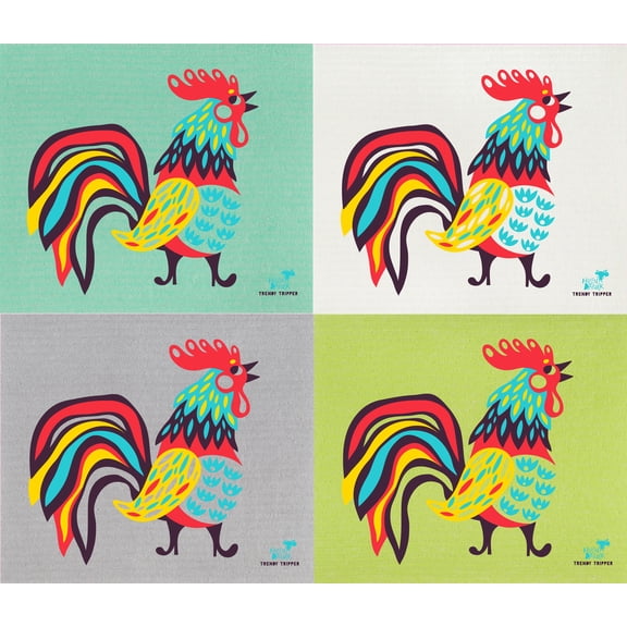 Trendy Tripper 4-Pack Reusable/Compostable/Washable Swedish Dishcloths/Sponge Cloths Fancy Roosters Design by Helen Dardik