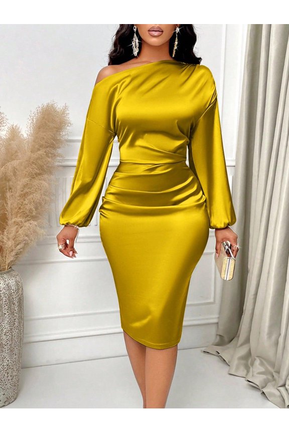 Asymmetric Neckline  Ruched Side Satin Bodycon Dress