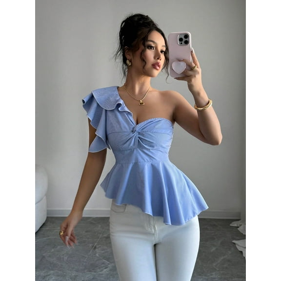 Trendy Tron Asymmetrical Shoulder Ruffle Hem Blouse for Women - Chic Casual Fashion Top