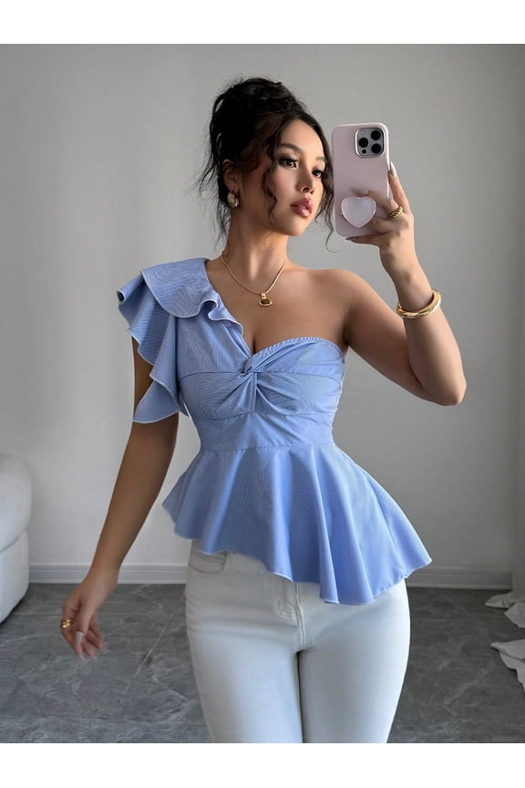 Asymmetrical Shoulder Ruffle Hem Blouse for Women - Chic Casual Fashion Top