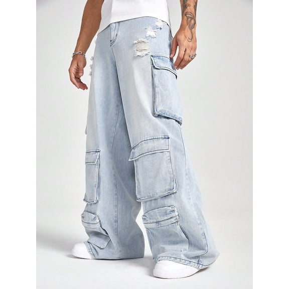 Trendy Tron Light Blue Washed Denim Cargo Jeans for Men - Perfect Gift for Husband or Boyfriend