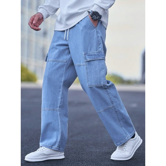 Trendy Tron Men's Loose Fit Cargo Jeans with Drawstring Waist and Stitching Details