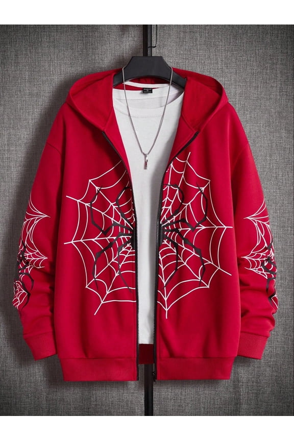 Men's Spider Web Print Zip-Up Hoodie - Stylish Graphic Sweatshirt for Gifting Friends, Husbands, and Boyfriends