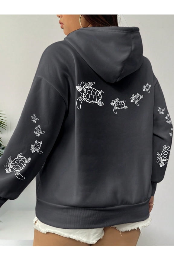 Plus Size Turtle Print Graphic Hoodie - Stylish and Cozy Drawstring Sweatshirt