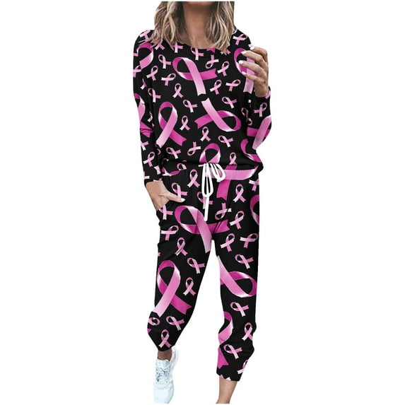 Trendy Two Piece Outfits for Women Sweatsuits Breast Cancer Awareness Series Clothes Long Sleeve Top Sweatpant Sets (2XL, Black 02)