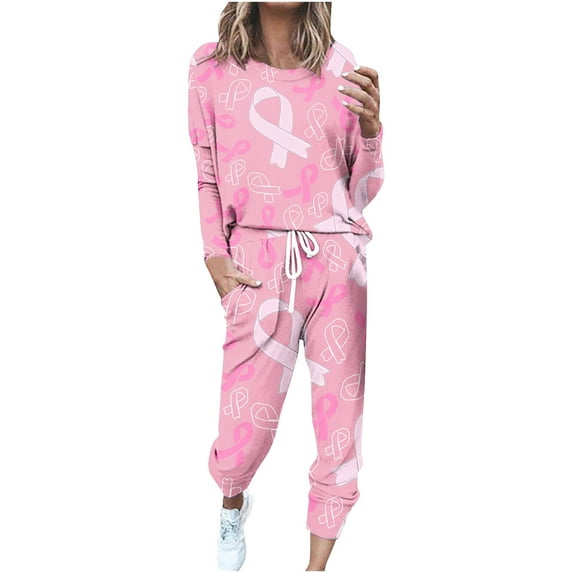 Trendy Two Piece Outfits for Women Sweatsuits Breast Cancer Awareness Series Clothes Long Sleeve Top Sweatpant Sets (3XL, Pink)