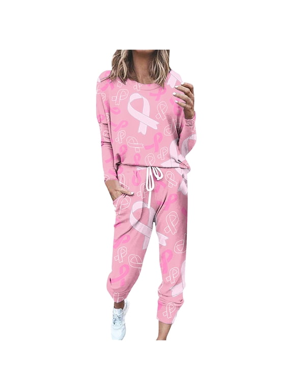 Trendy Two Piece Outfits for Women Sweatsuits Breast Cancer Awareness Series Clothes Long Sleeve Top Sweatpant Sets (3XL, Pink)