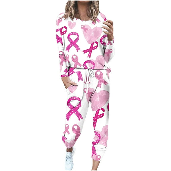 Trendy Two Piece Outfits for Women Sweatsuits Breast Cancer Awareness Series Clothes Long Sleeve Top Sweatpant Sets (5XL, White)