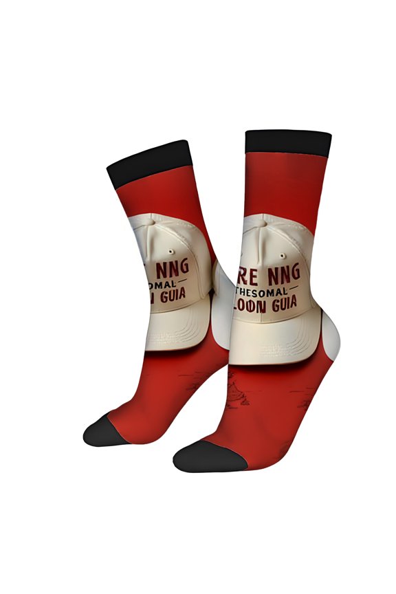 Trendy Unisex Four Seasons Socks (2 Pairs) - Playful Red & Black Design with White Baseball Cap Pattern " BERK THE " Text Mixed Color Style