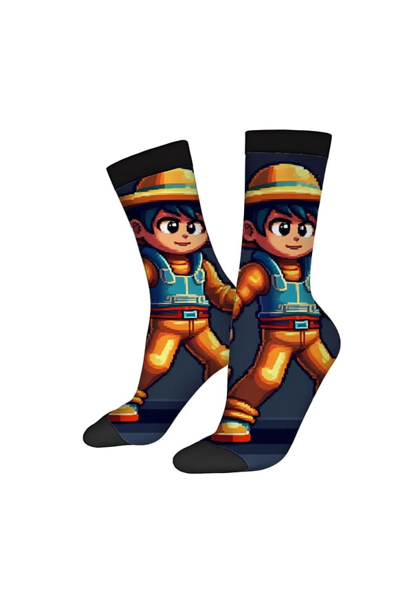 Trendy Unisex Pixel Art Socks - 2 Pairs Featuring Colorful Character Design with Yellow Helmet Blue Vest & Orange Perfect for All Seasons