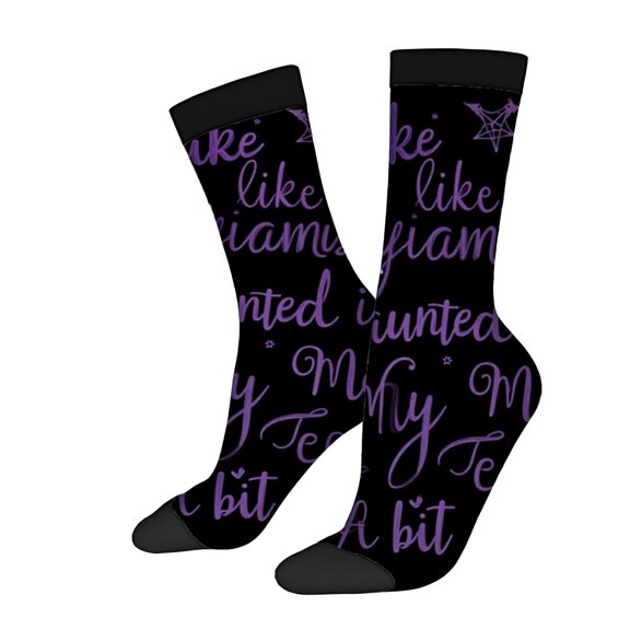 Trendy Unisex Socks - 2 Pairs of Four Seasons Universal Socks with Eye - Catching Purple Text Stars & Swirls on Black Background
