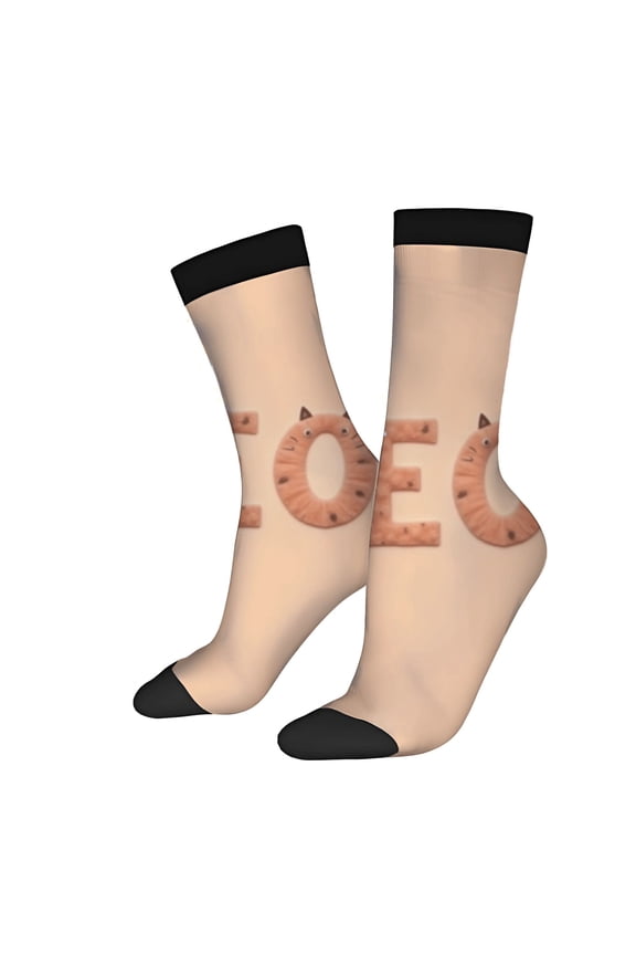 Trendy Unisex Socks - 2 Pairs of Light Brown Cartoon Cat Face Design with Black Toe Caps Perfect for All Seasons