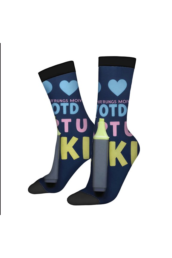 Trendy Unisex Socks - 2 Pairs with Colorful ' OTD STUDIO ' and ' KIKI ' Text Light Blue Hearts and Yellow Design