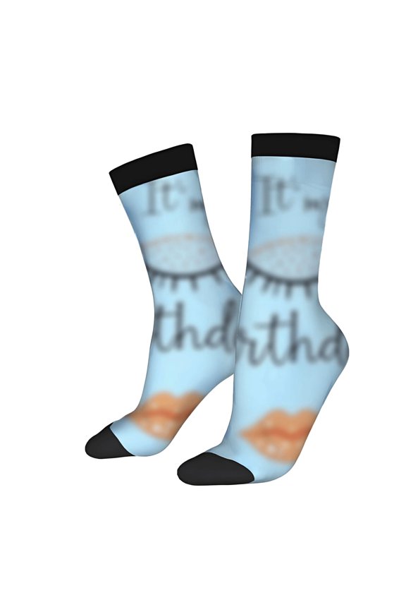 Trendy Unisex Socks - 2 Pairs with Fun Lip Design & ' It ' s my tharth ' Text on Light Blue Background Perfect for All Seasons