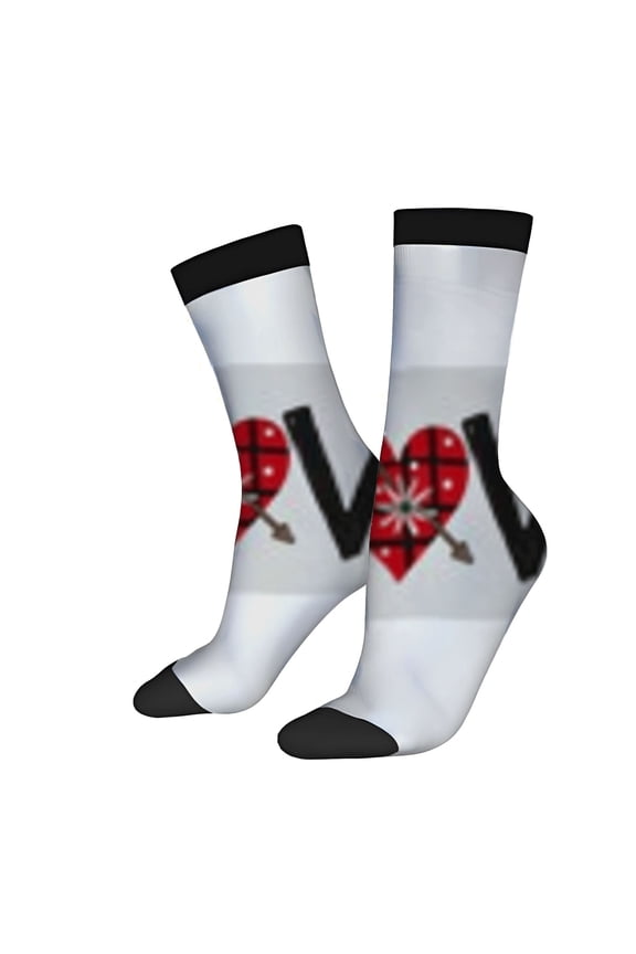 Trendy Unisex Socks - 2 Pairs with Playful Red Heart & Arrow Design on White Base Black Toe Caps Perfect for All Seasons
