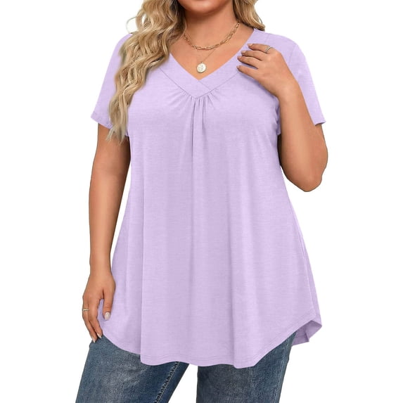 Trendy V Neck Pleated T Shirts for Women Plus Size Short Sleeve Tops Comfortable Soft Solid Color Loose Fit Curved Hem Dressy Summer Tees Light Purple XXL