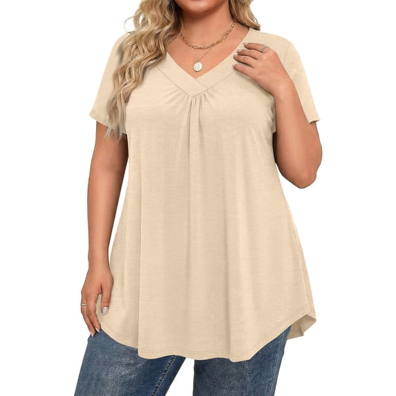 Trendy V Neck Pleated T Shirts for Women Plus Size Short Sleeve Tops Comfortable Soft Solid Color Loose Fit Curved Hem Dressy Summer Tees Beige XXL