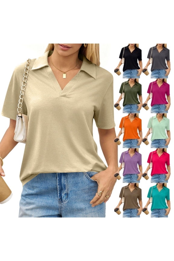 Trendy V Neck Polo Shirts Women'S Short Sleeve Summer Business Casual Collared Tees,Beige Xl