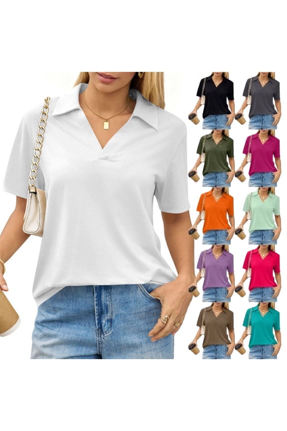 Trendy V Neck Polo Shirts Women'S Short Sleeve Summer Business Casual Collared Tees,White Xl