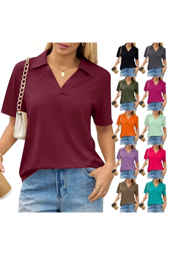 Trendy V Neck Polo Shirts Women'S Short Sleeve Summer Business Casual Collared Tees,Wine Xxl