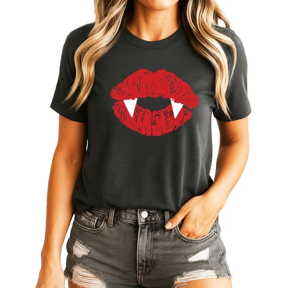 Trendy Vampire Lips T-Shirt for Women and Youth Girls Fall Halloween Graphic Tee Dark Gray Heather Shirt Adult 2XL