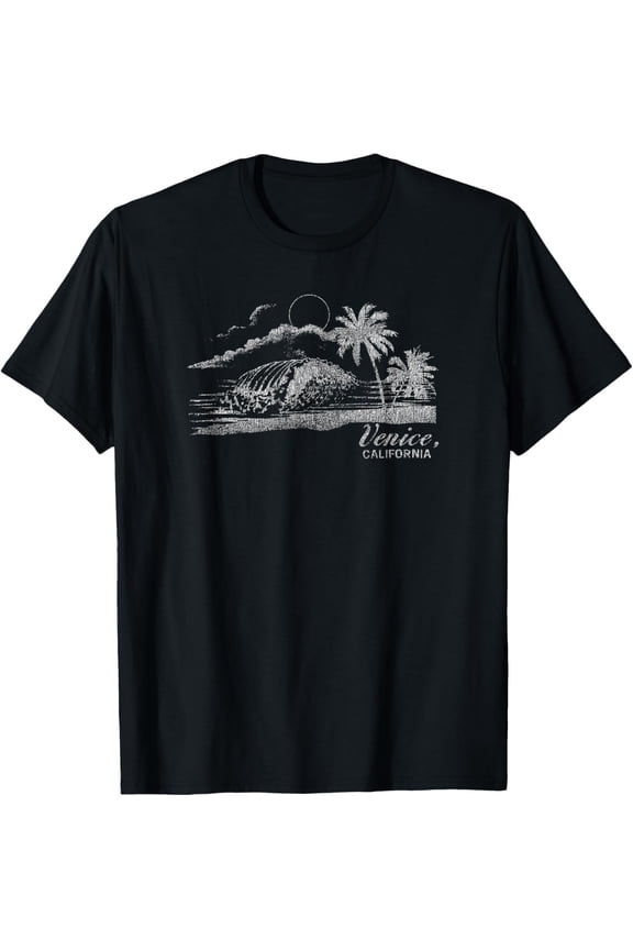Trendy Venice Beach Night Beach Scene Faded T-Shirt men and women can wear, black, white, gifts