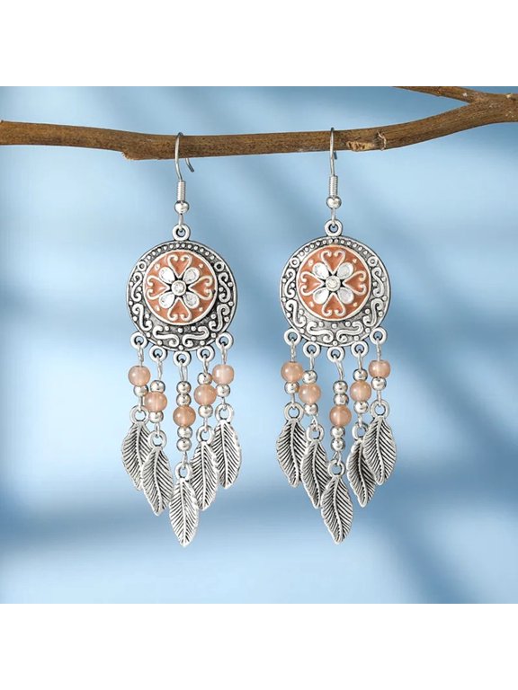 Trendy Vintage Ethnic Bead Leaf Dangle Earrings Handmade Earring