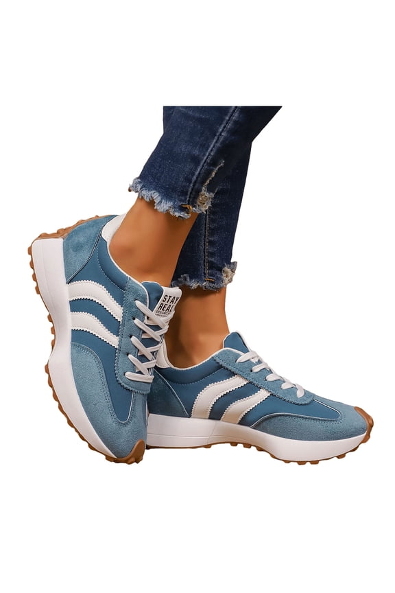 Trendy Vintage Platform Sneakers for Women Comfortable Non Slip Tennis Shoes Lightweight Lace Up Dress Shoe Blue Size 9