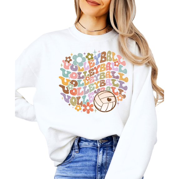 Trendy Volleyball Sweatshirt School Pride Retro Sweater for Adults and Teens White Sweatshirt Adult Small